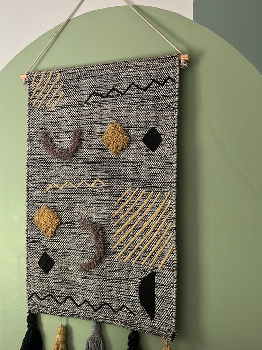 Modern Geometric Woven Wall Hanging - Black, White & Mustard